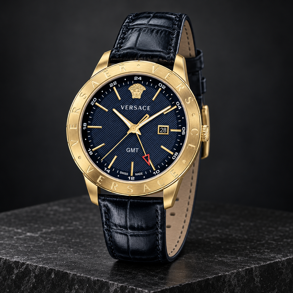 Versace Univers GMT Men's Watch – Blue 43 mm – VEBK00318 dark luxury view – VEBK00318