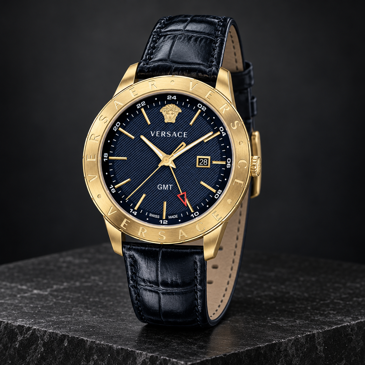 Versace Univers GMT Men's Watch – Blue 43 mm – VEBK00318 dark luxury view – VEBK00318
