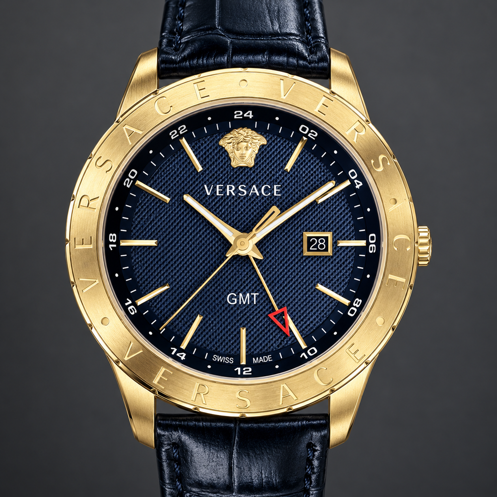 Versace Univers GMT Men's Watch – Blue 43 mm – VEBK00318 dial and case detail – VEBK00318