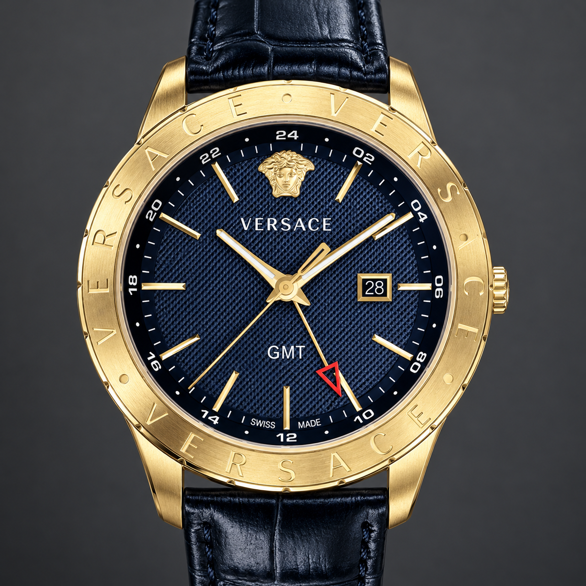 Versace Univers GMT Men's Watch – Blue 43 mm – VEBK00318 dial and case detail – VEBK00318