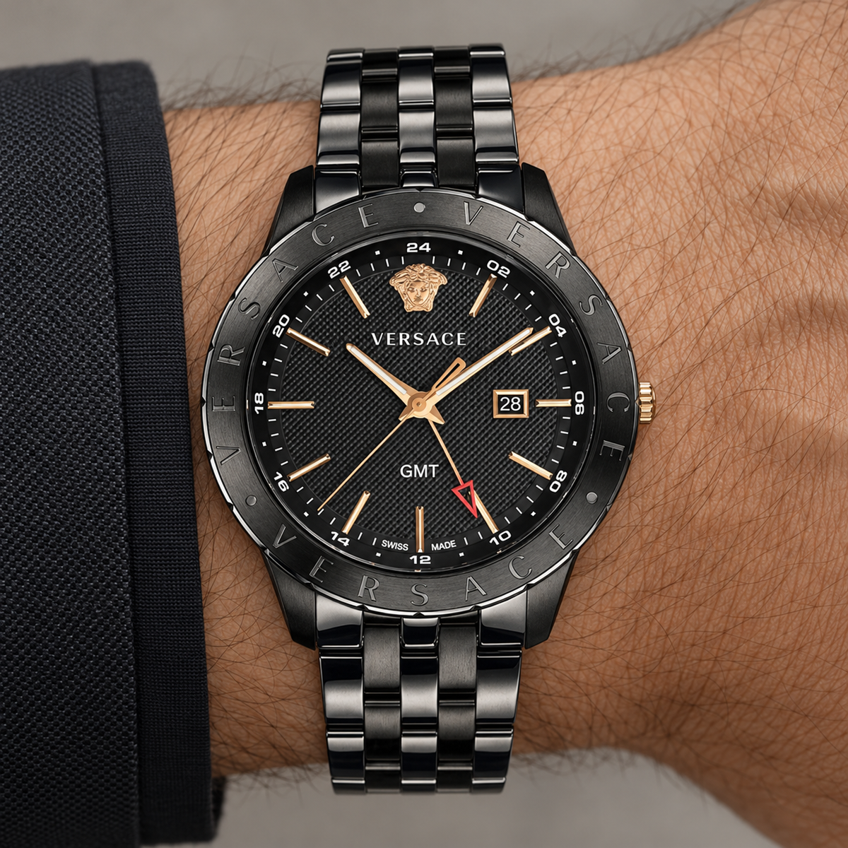 Versace Univers GMT Men's Watch – Black 43 mm – VEBK00618 on wrist – VEBK00618