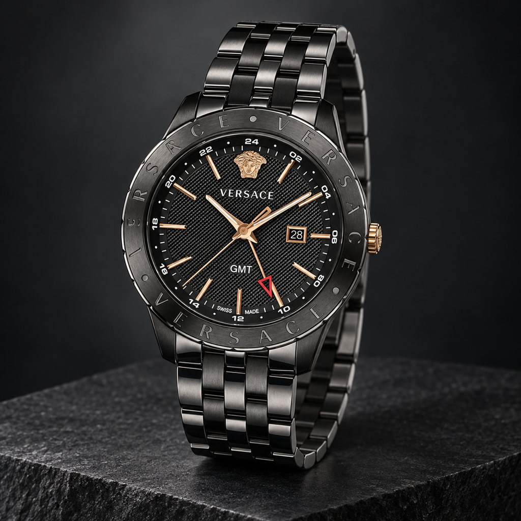 Versace Univers GMT Men's Watch – Black 43 mm – VEBK00618 dark luxury view – VEBK00618