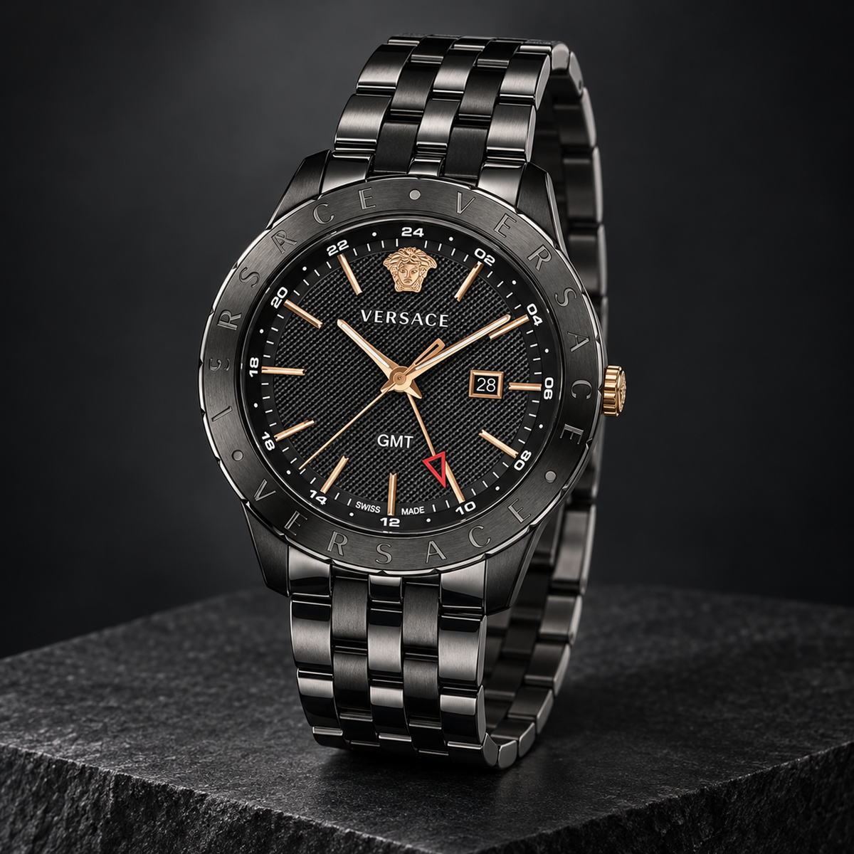 Versace Univers GMT Men's Watch – Black 43 mm – VEBK00618 dark luxury view – VEBK00618