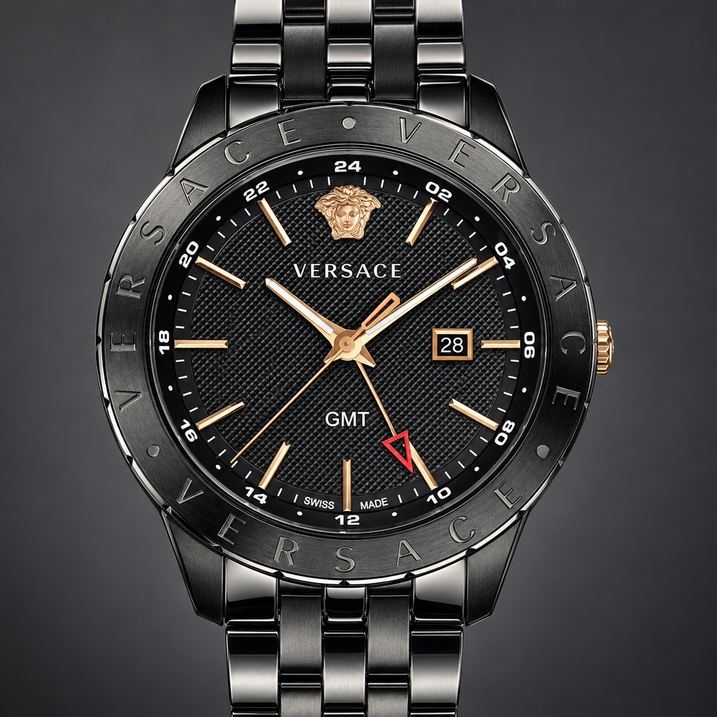 Versace Univers GMT Men's Watch – Black 43 mm – VEBK00618 dial and case detail – VEBK00618