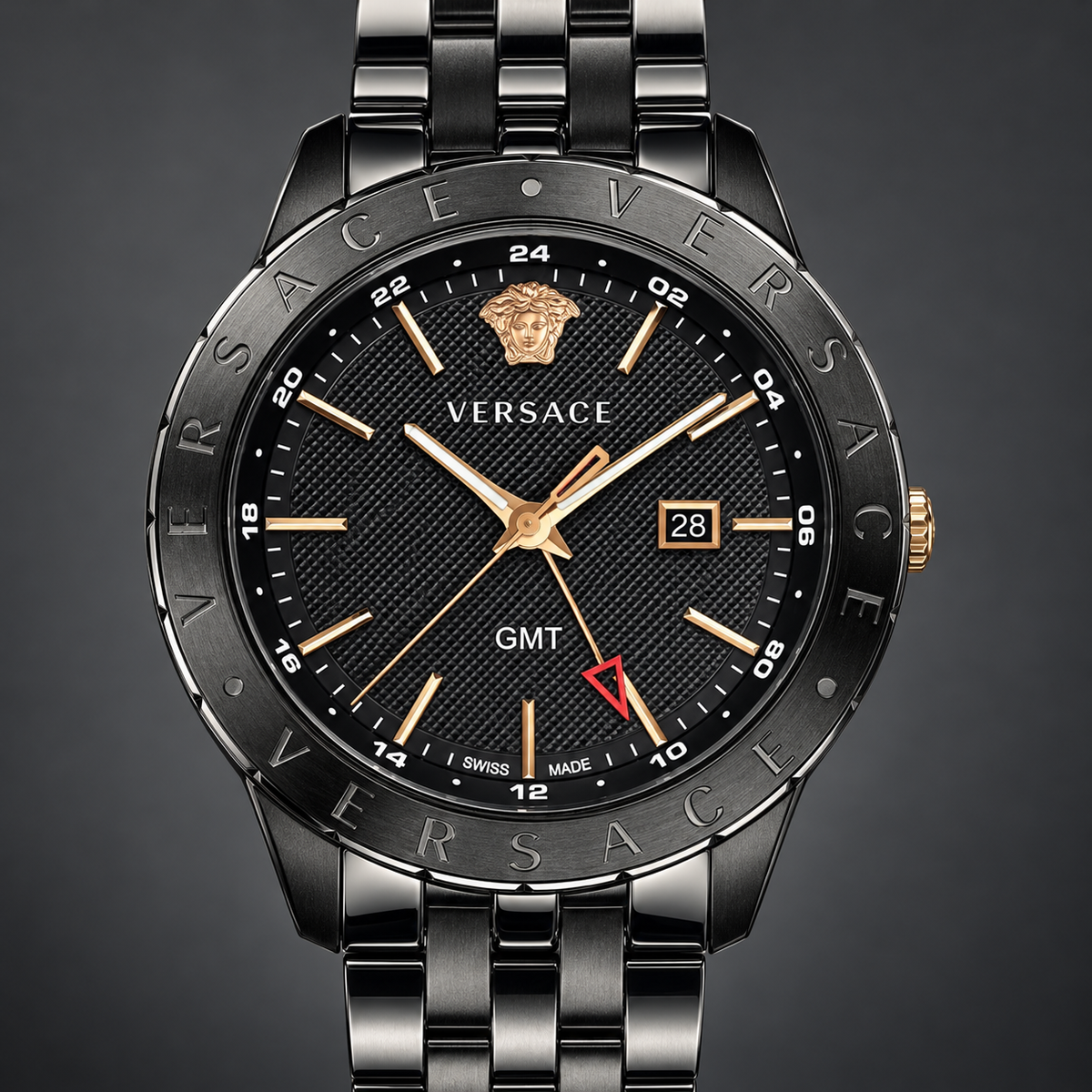 Versace Univers GMT Men's Watch – Black 43 mm – VEBK00618 dial and case detail – VEBK00618