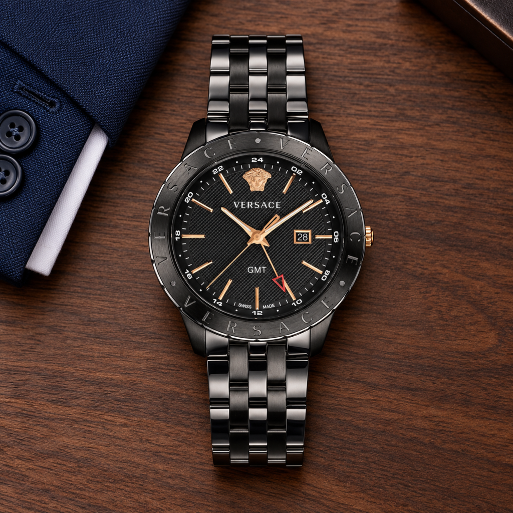 Versace Univers GMT Men's Watch – Black 43 mm – VEBK00618 lifestyle view – VEBK00618