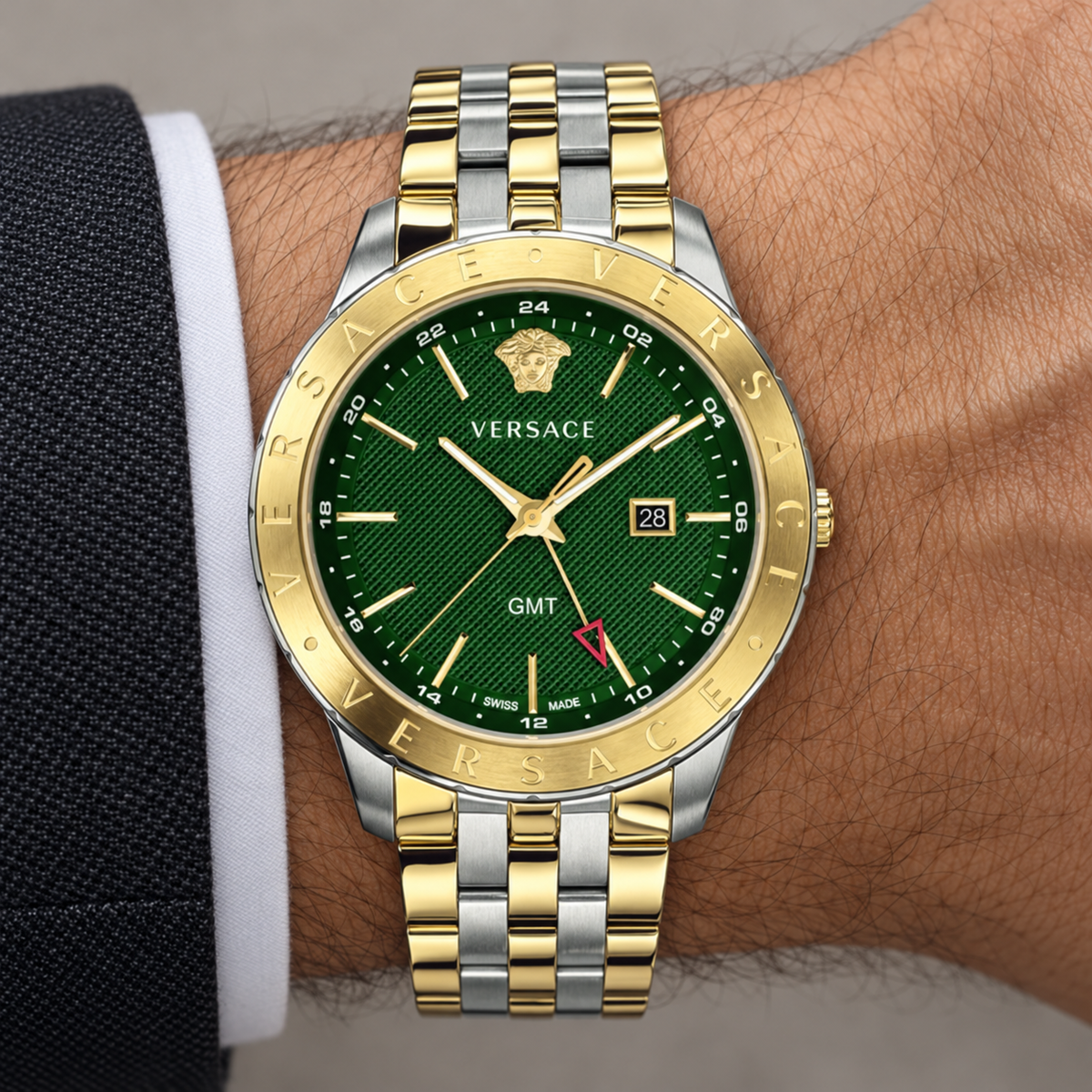 Versace Univers GMT Men's Watch – Green 43 mm – VEBK00718 on wrist – VEBK00718