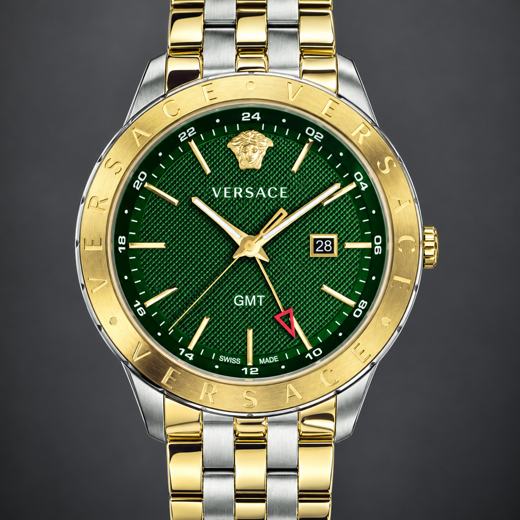 Versace Univers GMT Men's Watch – Green 43 mm – VEBK00718 dial and case detail – VEBK00718