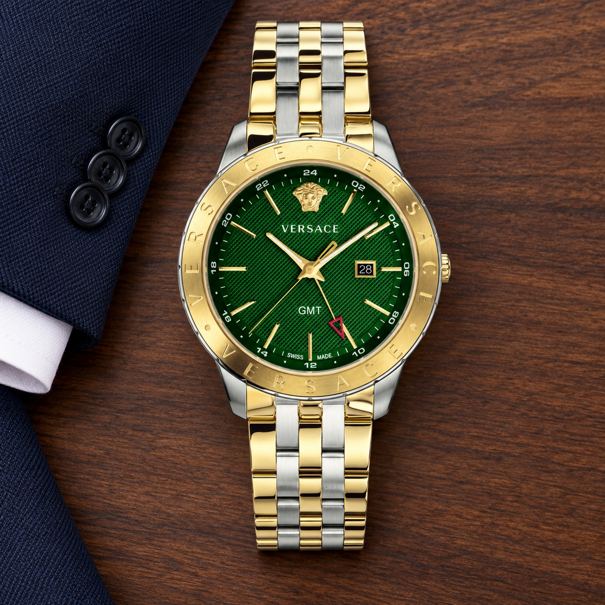 Versace Univers GMT Men's Watch – Green 43 mm – VEBK00718 lifestyle view – VEBK00718