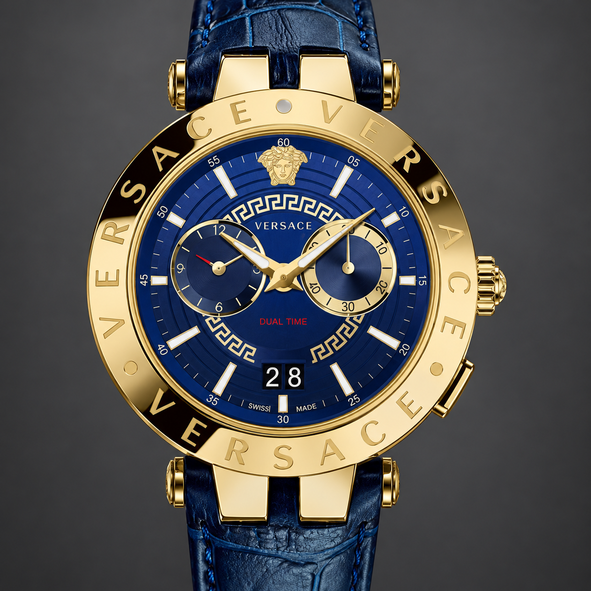 Versace V-Race Men's Watch – Blue 46 mm – VEBV00219 dial and case detail – VEBV00219