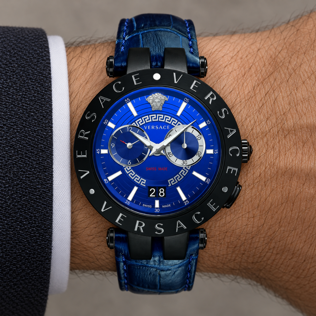 Versace V-Race Men's Watch – Blue 46 mm – VEBV00419 on wrist – VEBV00419