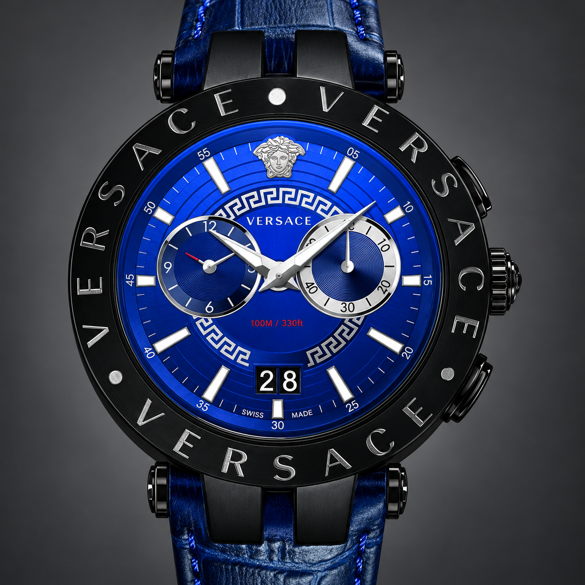 Versace V-Race Men's Watch – Blue 46 mm – VEBV00419 dial and case detail – VEBV00419