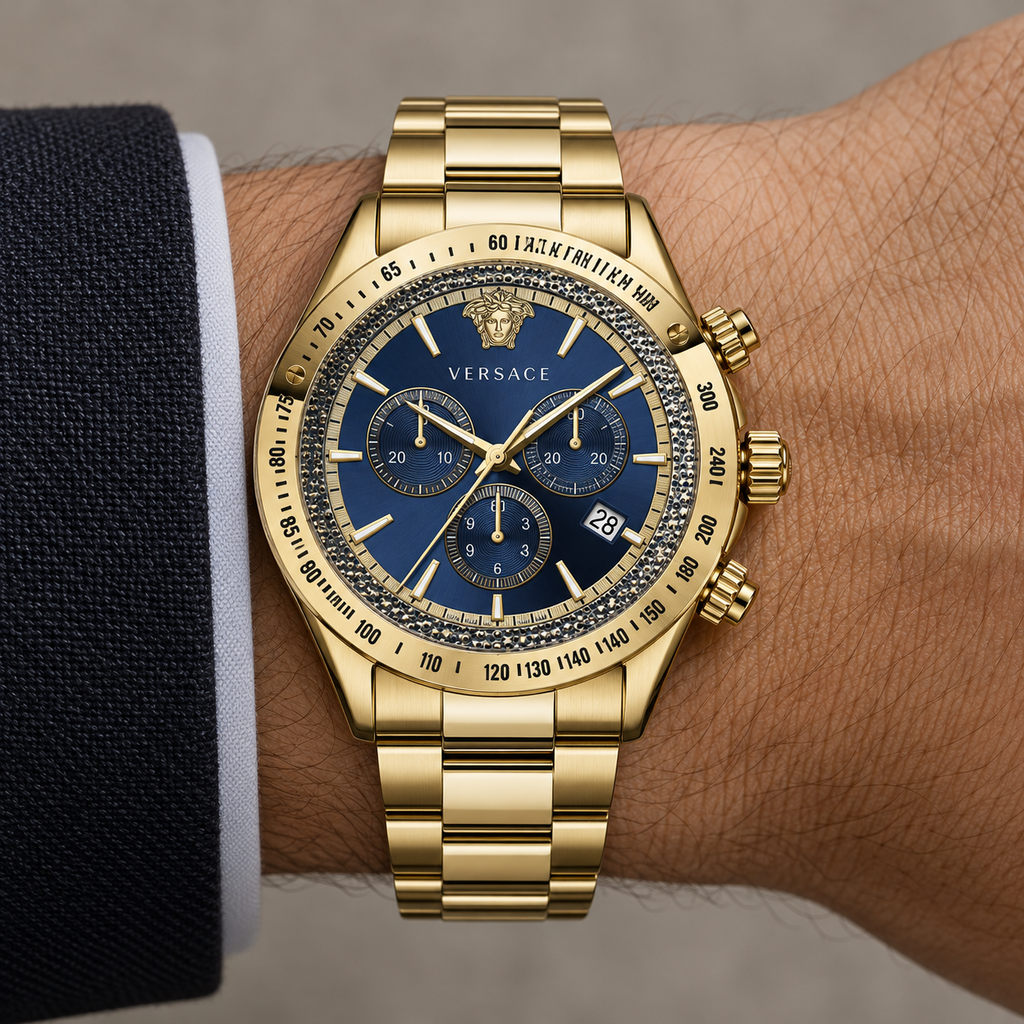 Versace Chrono Classic Men's Watch – Blue 44 mm – VEV700619 on wrist – VEV700619
