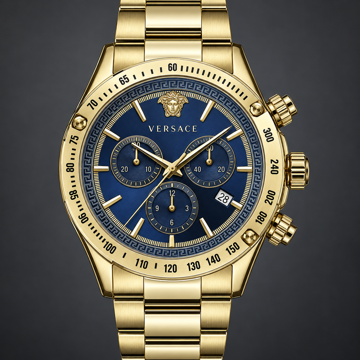 Versace Chrono Classic Men's Watch – Blue 44 mm – VEV700619 dial and case detail – VEV700619