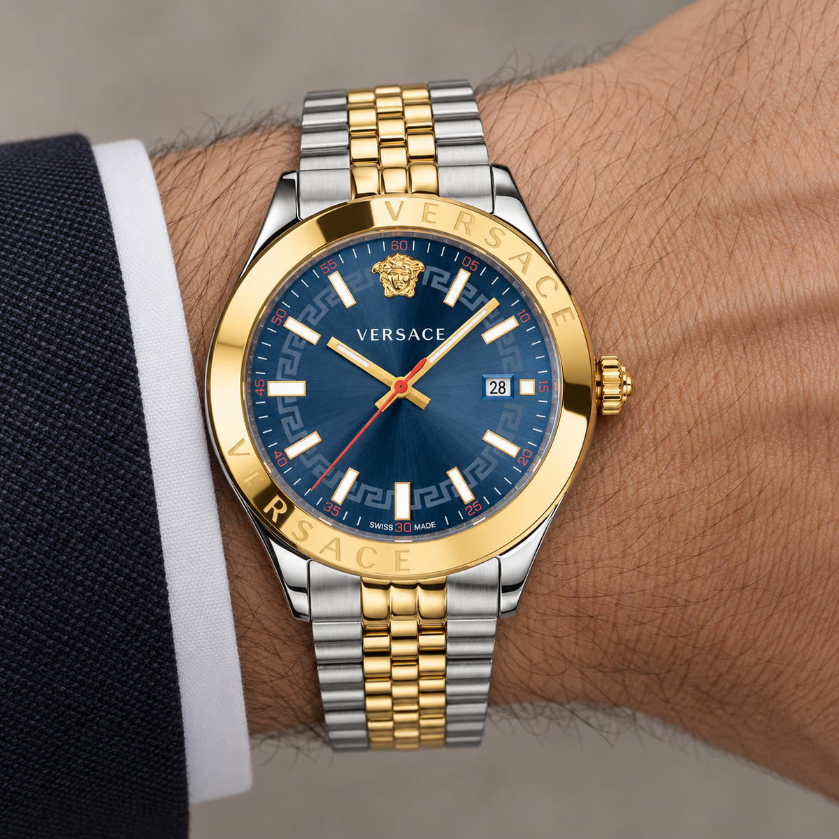 Versace Hellenyium Men's Watch – Blue 42 mm – VEVK00520 on wrist – VEVK00520