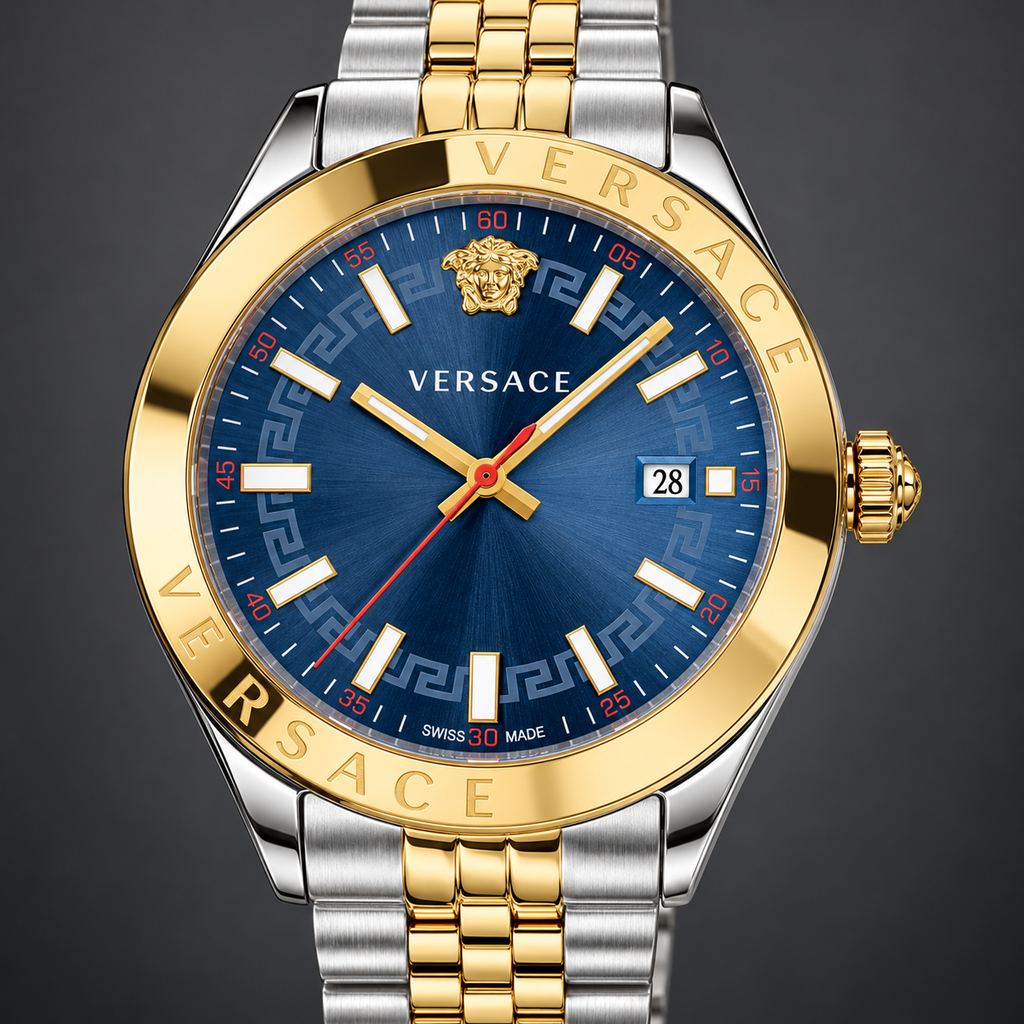 Versace Hellenyium Men's Watch – Blue 42 mm – VEVK00520 dial and case detail – VEVK00520