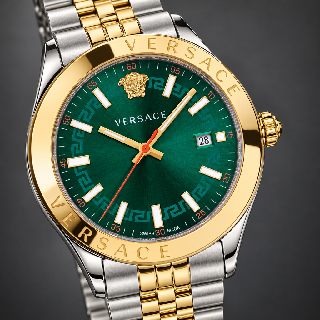 Versace Hellenyium Men's Watch – Green 42 mm – VEVK00620 dial and case detail – VEVK00620