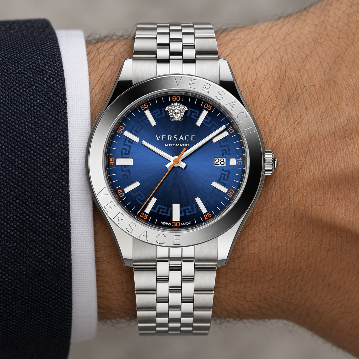 Versace Hellenyium Men's Watch – Blue 42 mm – VEVK00921 on wrist – VEVK00921