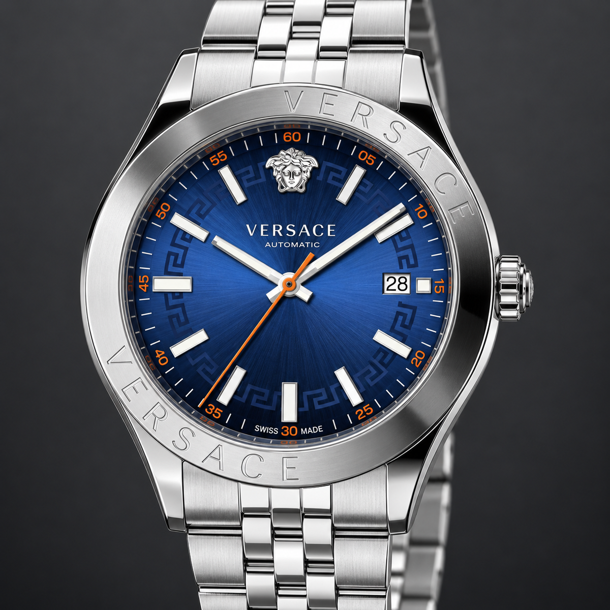 Versace Hellenyium Men's Watch – Blue 42 mm – VEVK00921 dial and case detail – VEVK00921