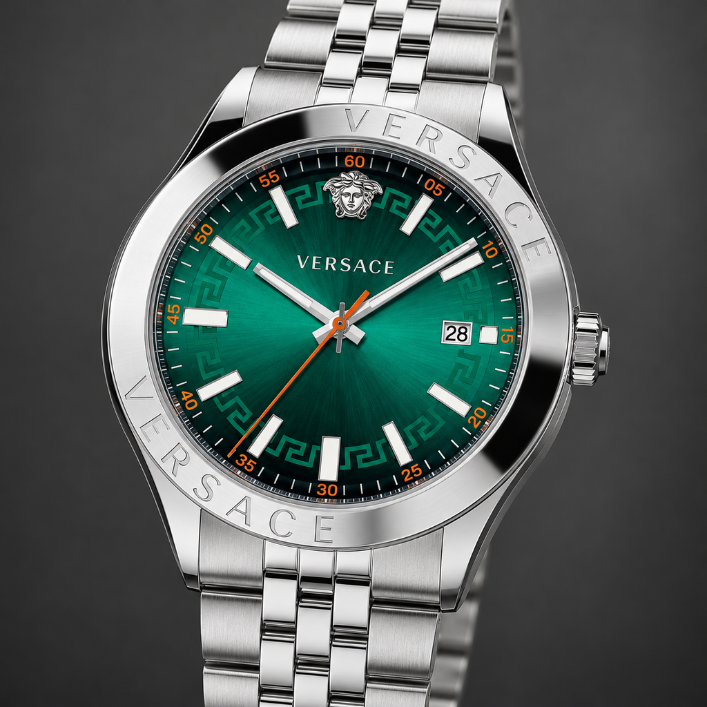 Versace Hellenyium Men's Watch – Green 42 mm – VEVK01021 dial and case detail – VEVK01021
