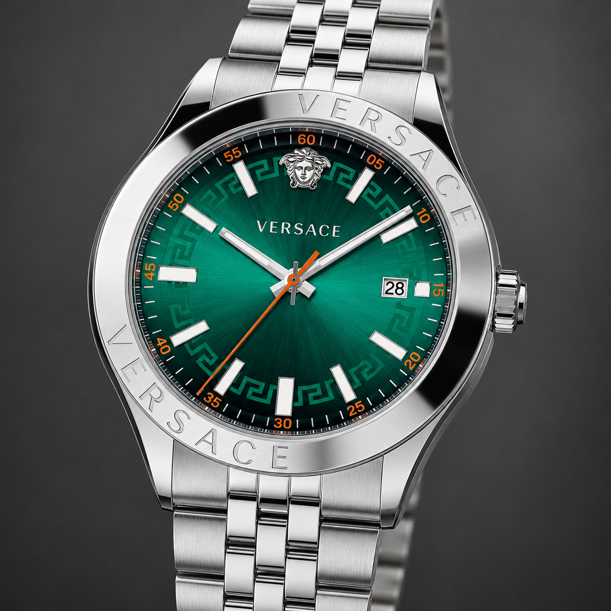 Versace Hellenyium Men's Watch – Green 42 mm – VEVK01021 dial and case detail – VEVK01021