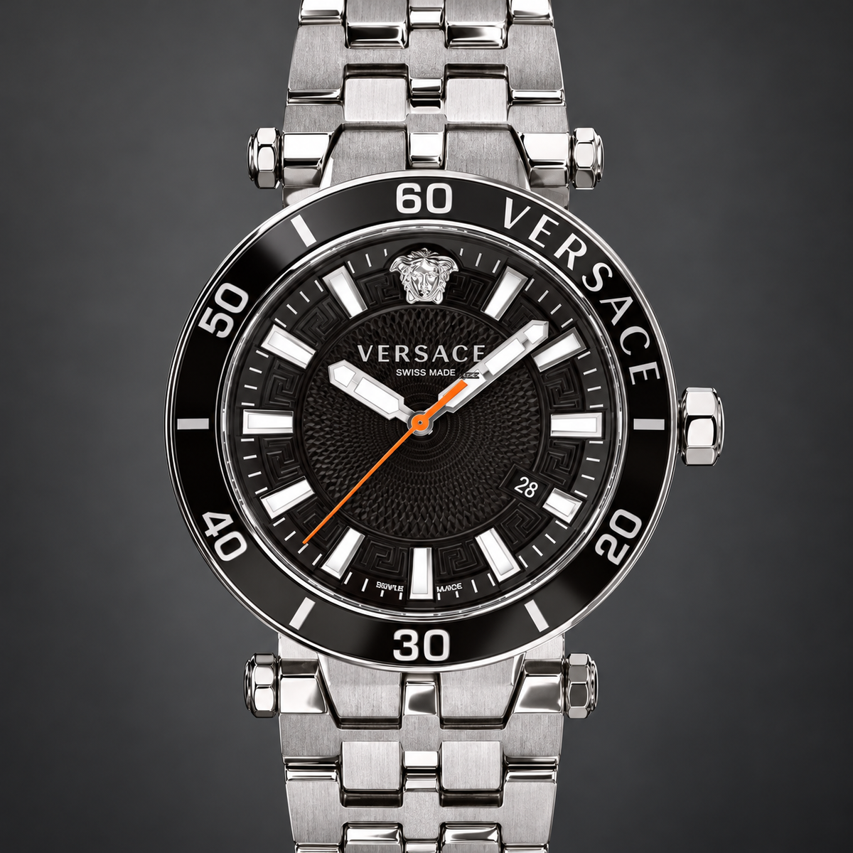 Versace Greca Sport Men's Watch – Black 43 mm – VEZ300321 dial and case detail – VEZ300321