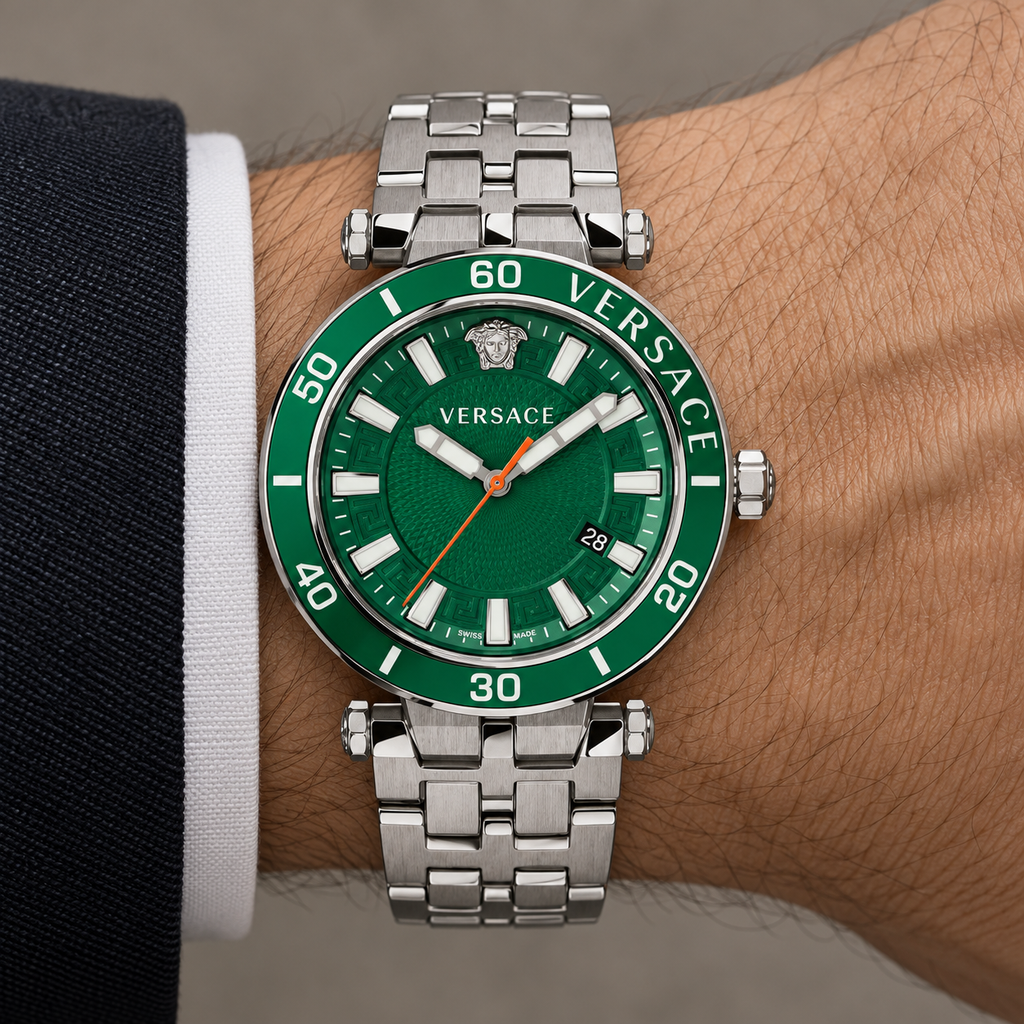 Versace Greca Sport Men's Watch – Green 43 mm – VEZ300421 on wrist – VEZ300421
