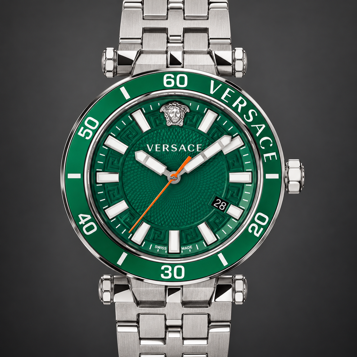 Versace Greca Sport Men's Watch – Green 43 mm – VEZ300421 dial and case detail – VEZ300421
