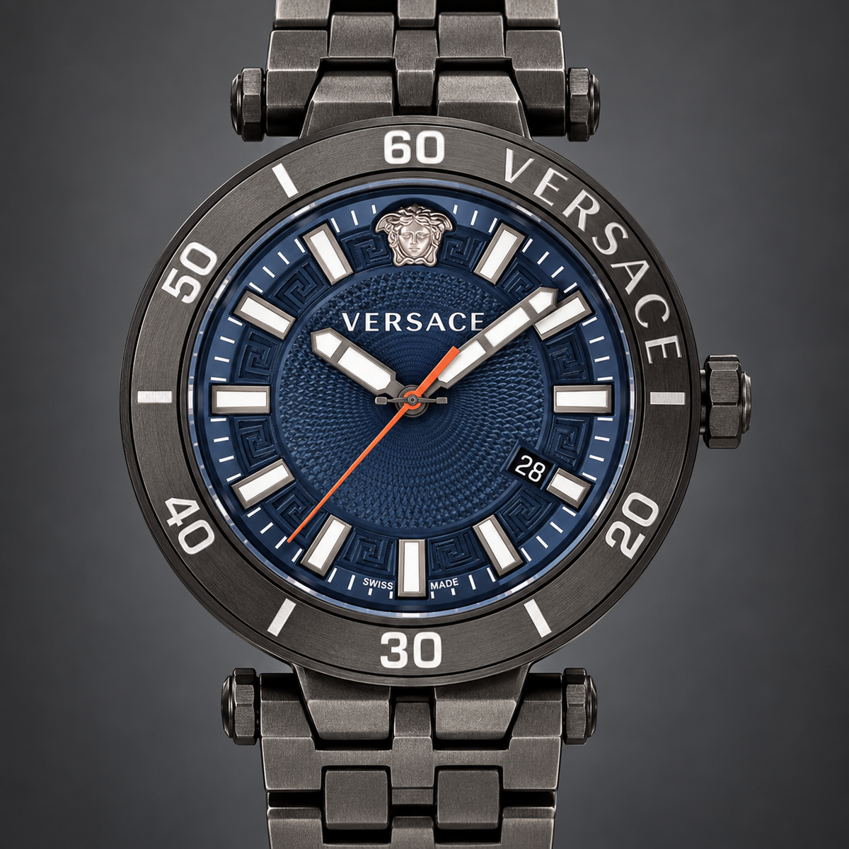 Versace Greca Sport Men's Watch – Blue 43 mm – VEZ300621 dial and case detail – VEZ300621