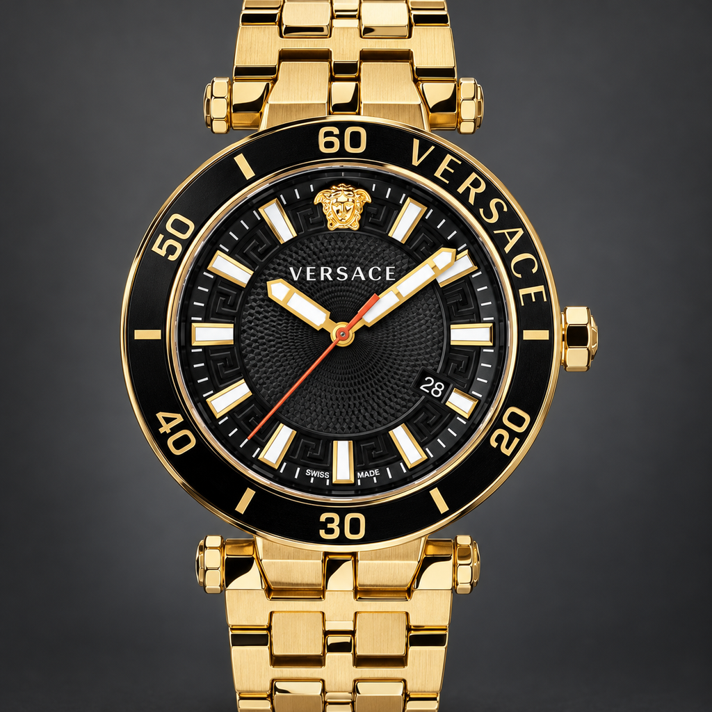 Versace Greca Sport Men's Watch – Black 43 mm – VEZ300721 dial and case detail – VEZ300721