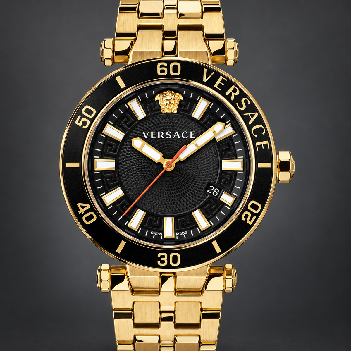 Versace Greca Sport Men's Watch – Black 43 mm – VEZ300721 dial and case detail – VEZ300721