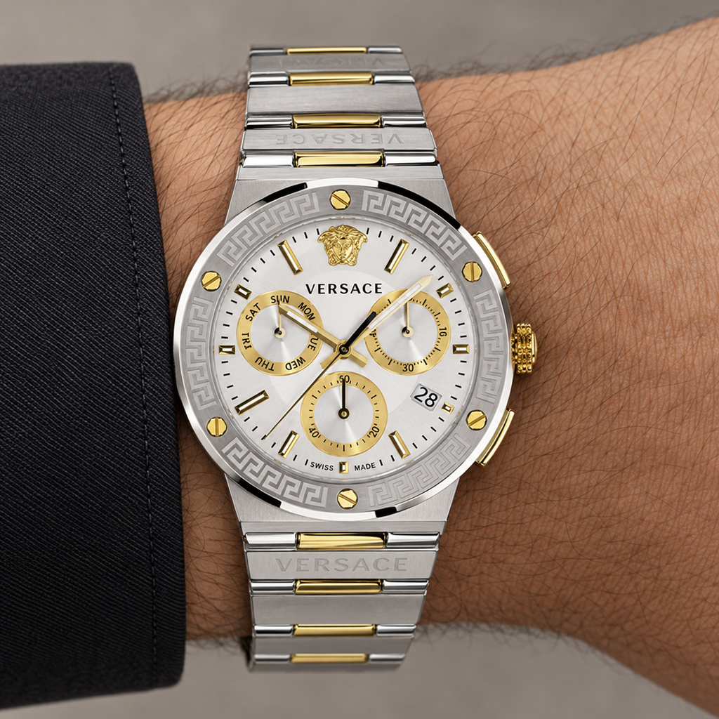 Versace Greca Logo Chronograph Men's Watch – Silver 43 mm – VEZ900321 on wrist – VEZ900321