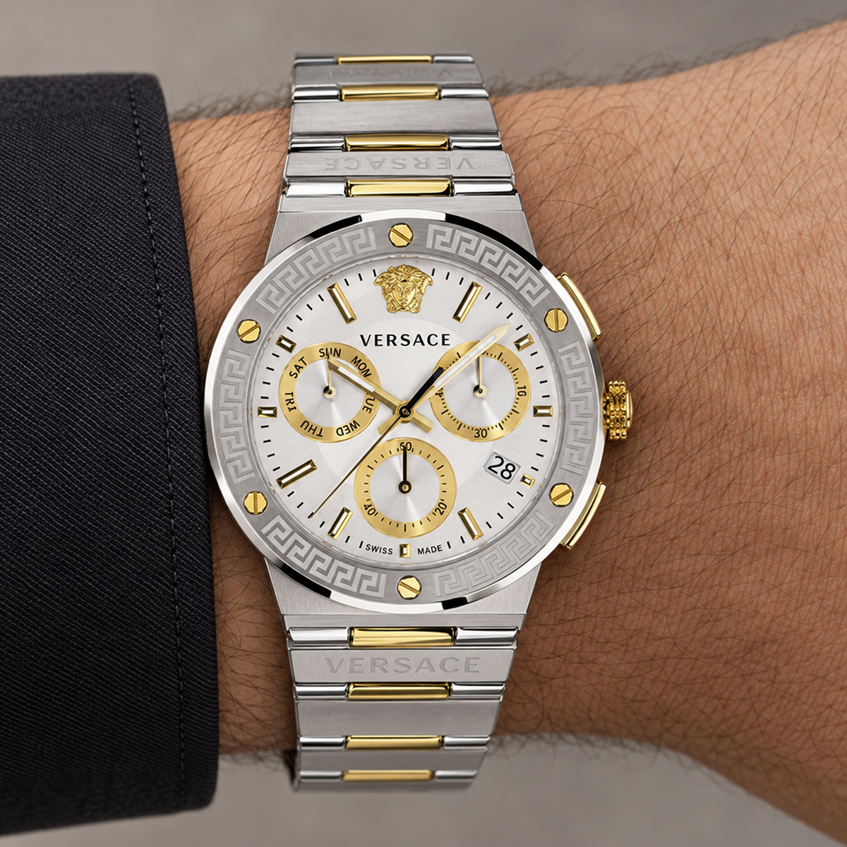 Versace Greca Logo Chronograph Men's Watch – Silver 43 mm – VEZ900321 on wrist – VEZ900321