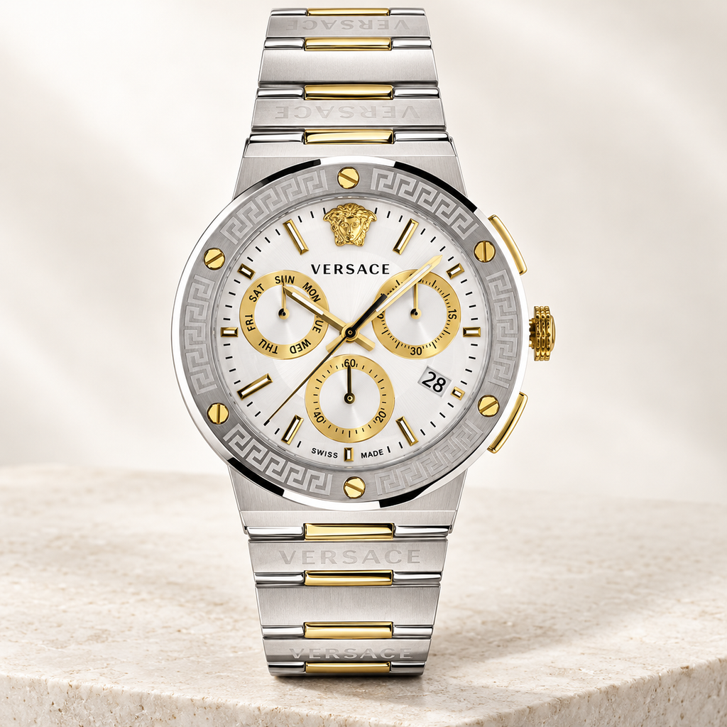 Versace Greca Logo Chronograph Men's Watch – Silver 43 mm – VEZ900321 studio product view – VEZ900321