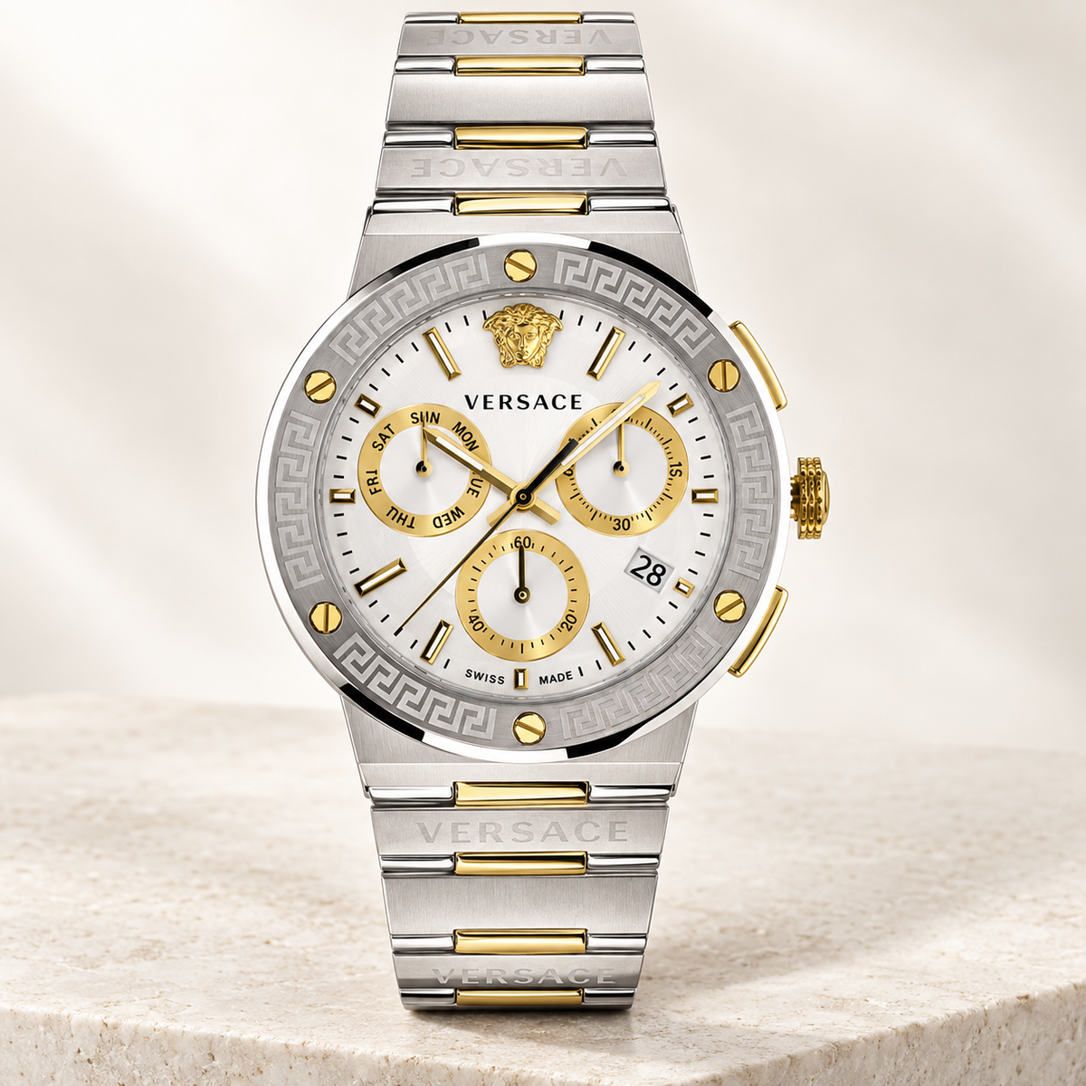 Versace Greca Logo Chronograph Men's Watch – Silver 43 mm – VEZ900321 studio product view – VEZ900321