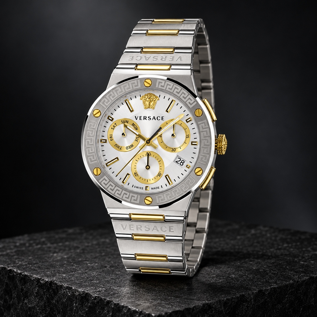 Versace Greca Logo Chronograph Men's Watch – Silver 43 mm – VEZ900321 dark luxury view – VEZ900321