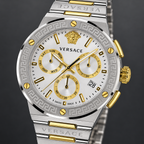 Versace Greca Logo Chronograph Men's Watch – Silver 43 mm – VEZ900321 dial and case detail – VEZ900321