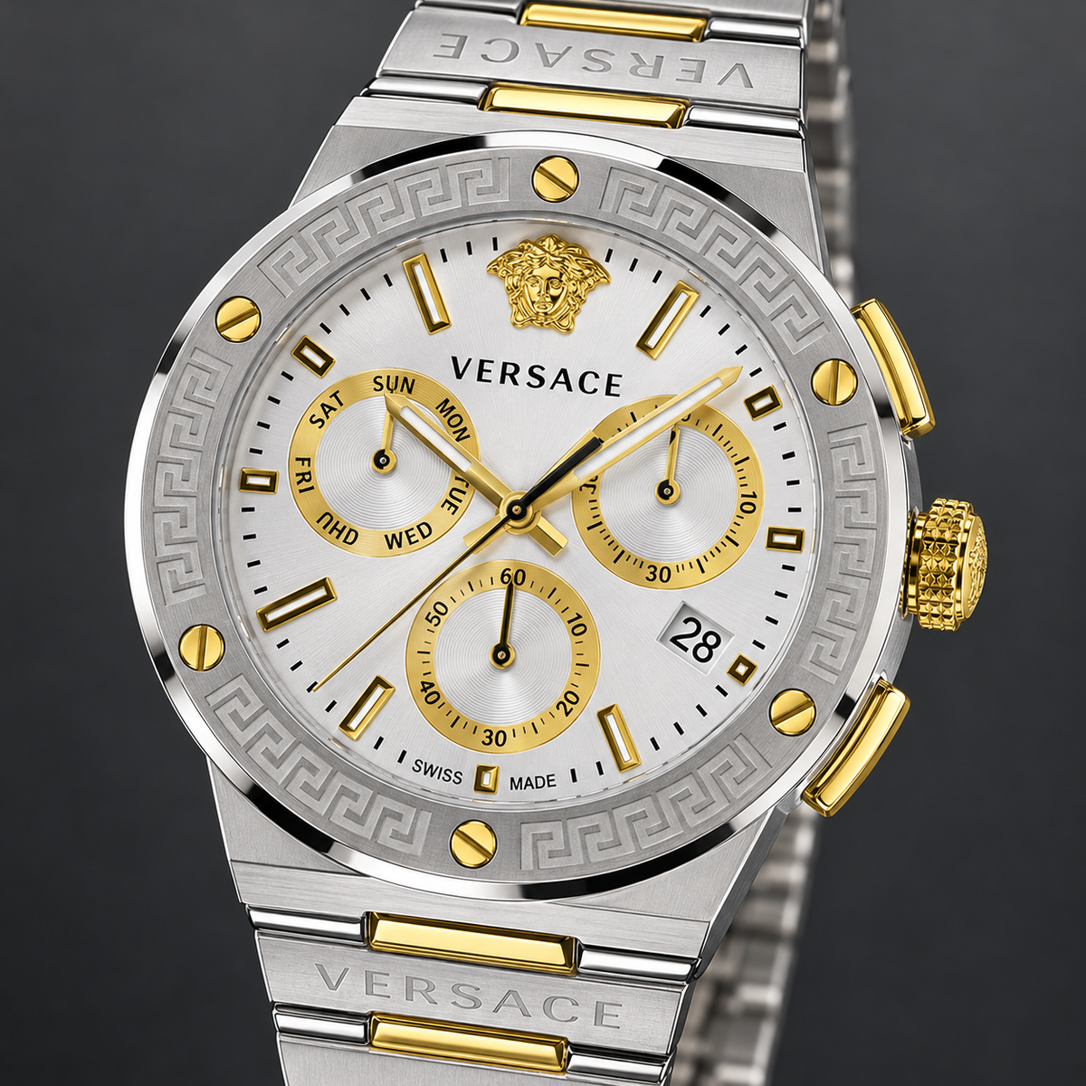 Versace Greca Logo Chronograph Men's Watch – Silver 43 mm – VEZ900321 dial and case detail – VEZ900321