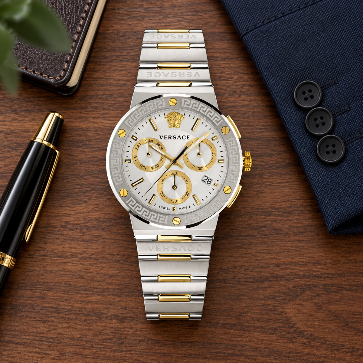 Versace Greca Logo Chronograph Men's Watch – Silver 43 mm – VEZ900321 lifestyle view – VEZ900321