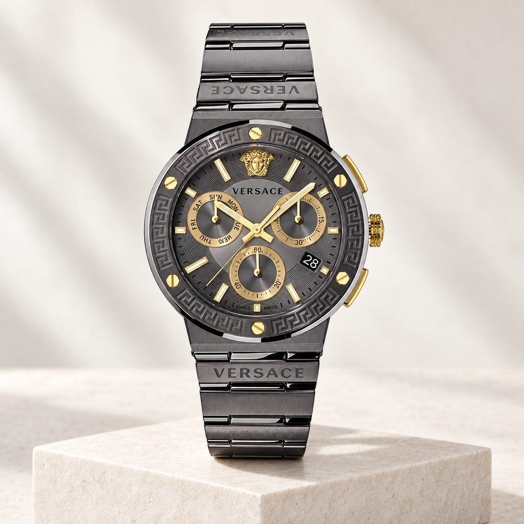 Versace Greca Logo Chronograph Men's Watch – Gray 43 mm – VEZ900521 studio product view – VEZ900521
