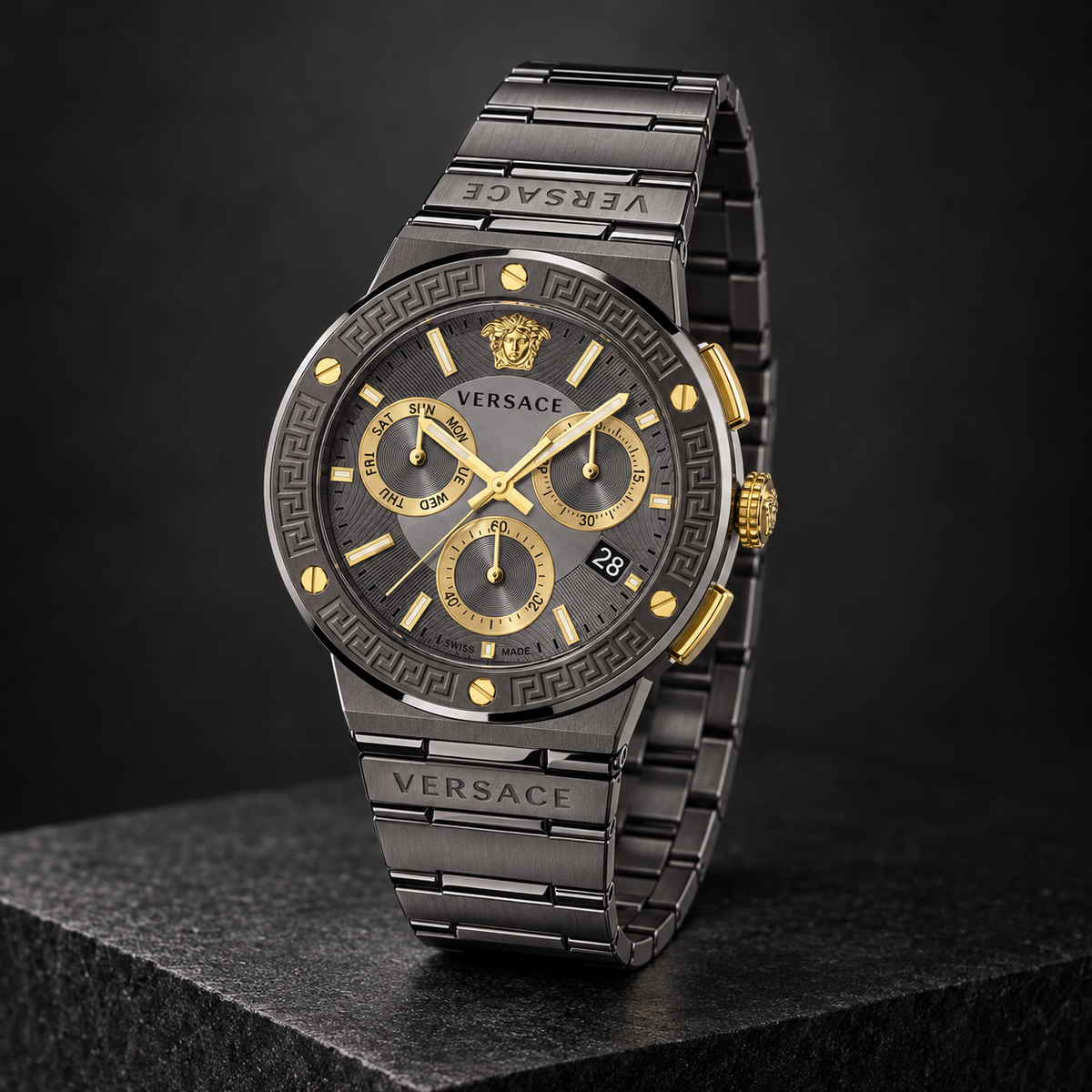 Versace Greca Logo Chronograph Men's Watch – Gray 43 mm – VEZ900521 dark luxury view – VEZ900521