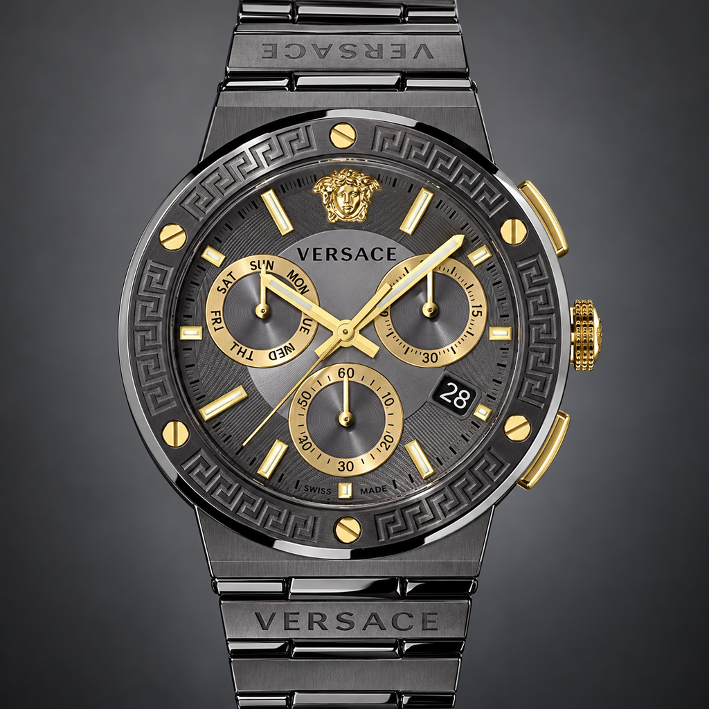 Versace Greca Logo Chronograph Men's Watch – Gray 43 mm – VEZ900521 dial and case detail – VEZ900521