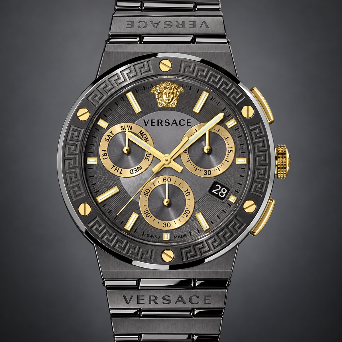 Versace Greca Logo Chronograph Men's Watch – Gray 43 mm – VEZ900521 dial and case detail – VEZ900521