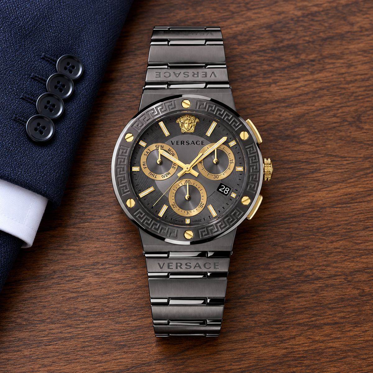 Versace Greca Logo Chronograph Men's Watch – Gray 43 mm – VEZ900521 lifestyle view – VEZ900521