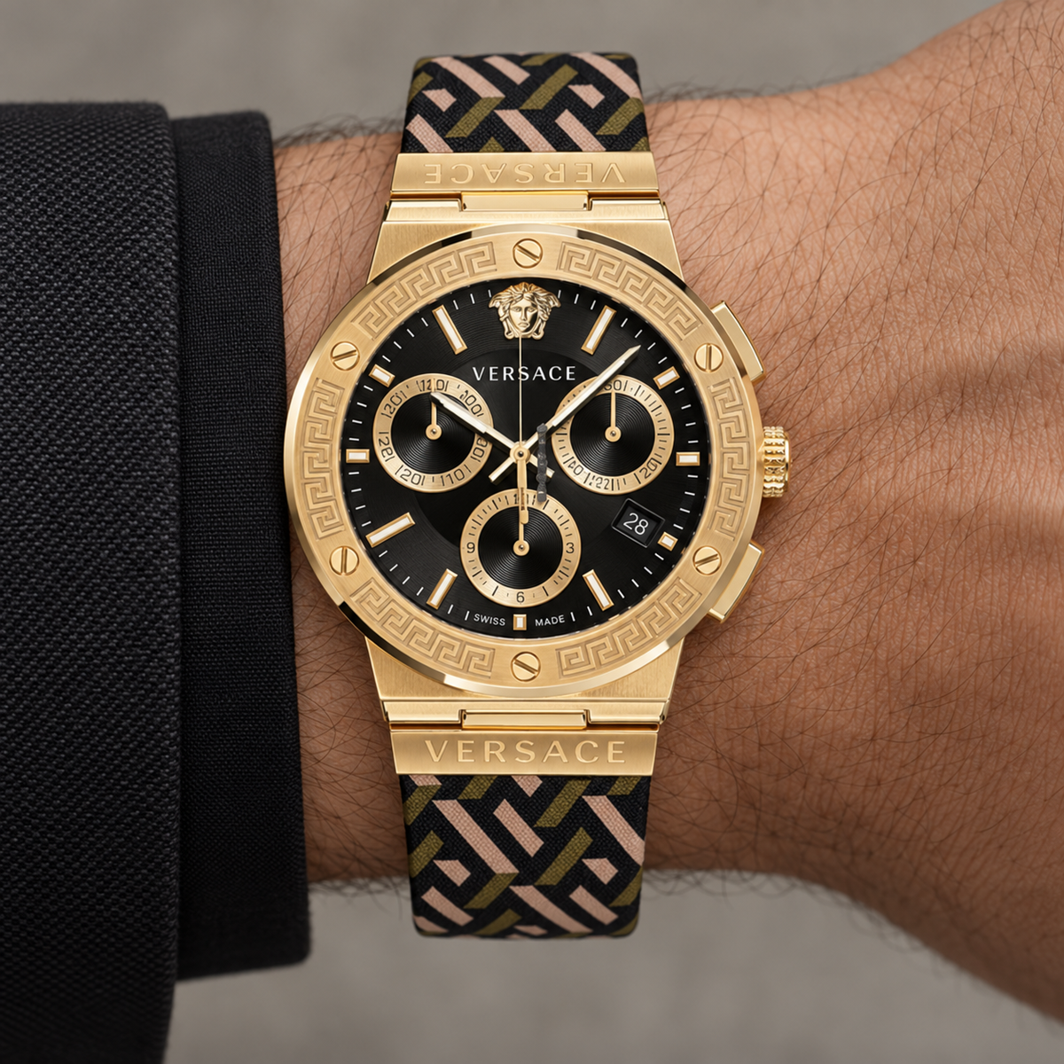 Versace Greca Logo Chronograph Men's Watch – Black 43 mm – VEZ900621 on wrist – VEZ900621