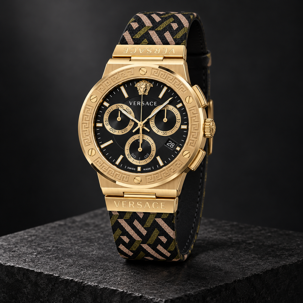 Versace Greca Logo Chronograph Men's Watch – Black 43 mm – VEZ900621 dark luxury view – VEZ900621