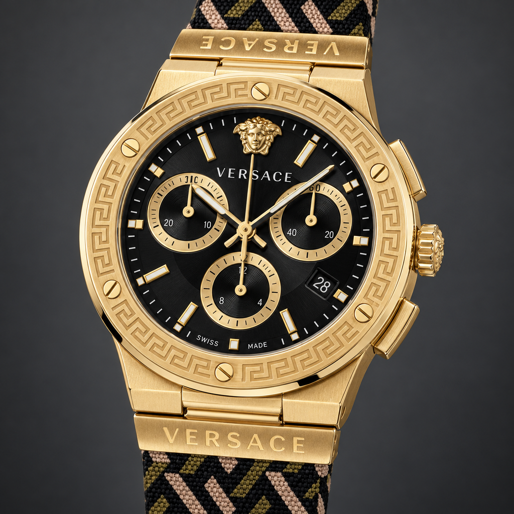 Versace Greca Logo Chronograph Men's Watch – Black 43 mm – VEZ900621 dial and case detail – VEZ900621