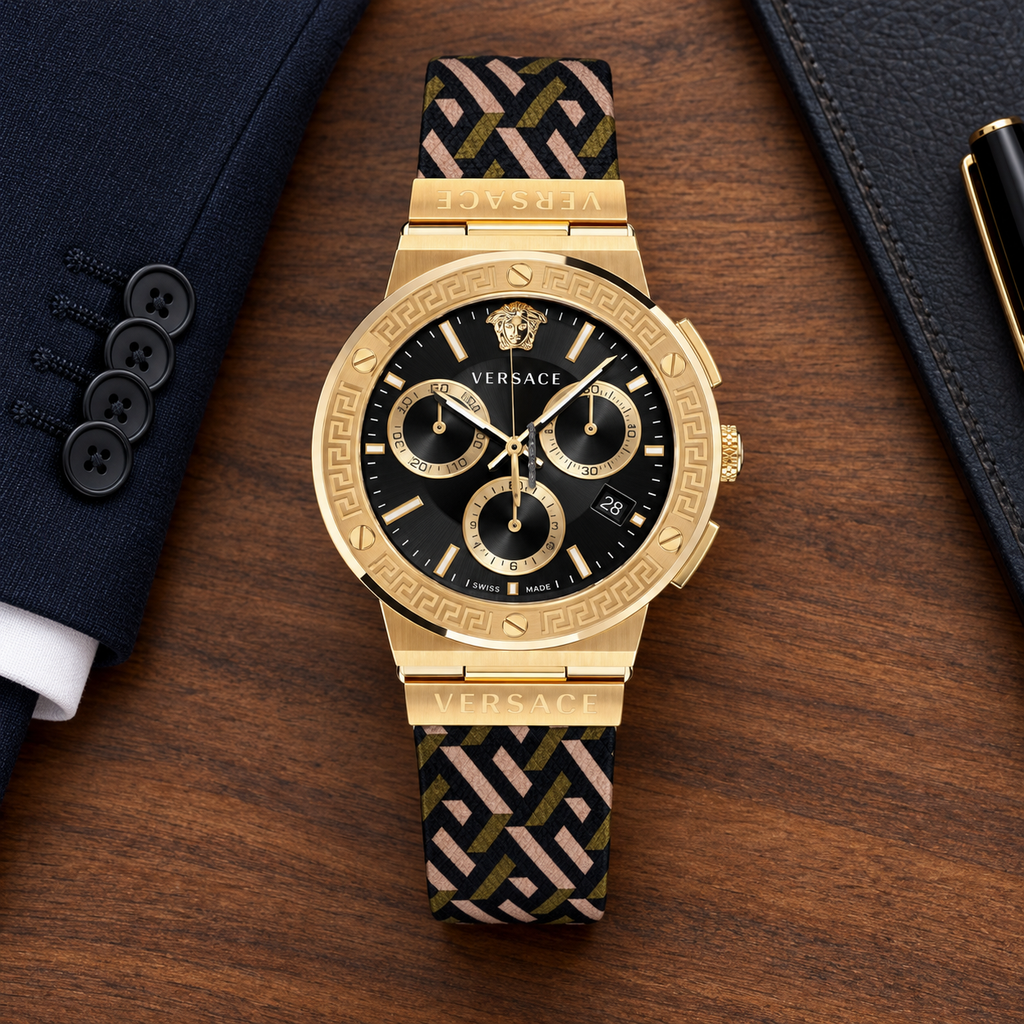 Versace Greca Logo Chronograph Men's Watch – Black 43 mm – VEZ900621 lifestyle view – VEZ900621