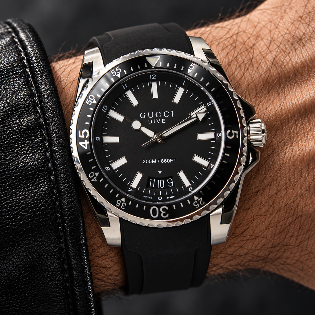 Gucci Dive XL YA136204 black men's watch on wrist