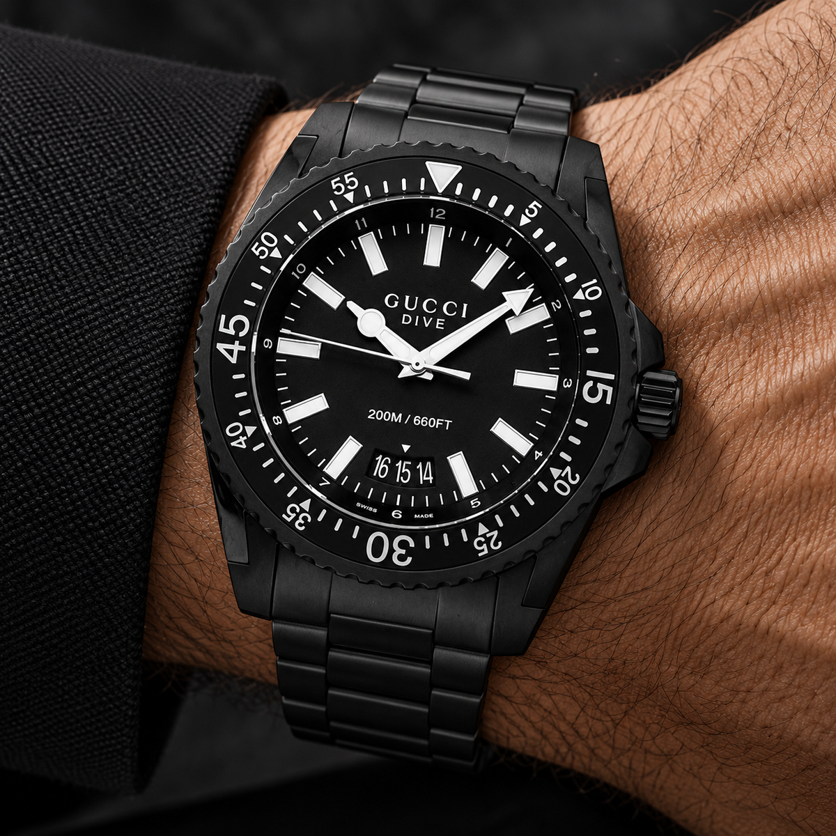 Gucci Dive XL 45mm Black PVD Men's Watch YA136205 on wrist